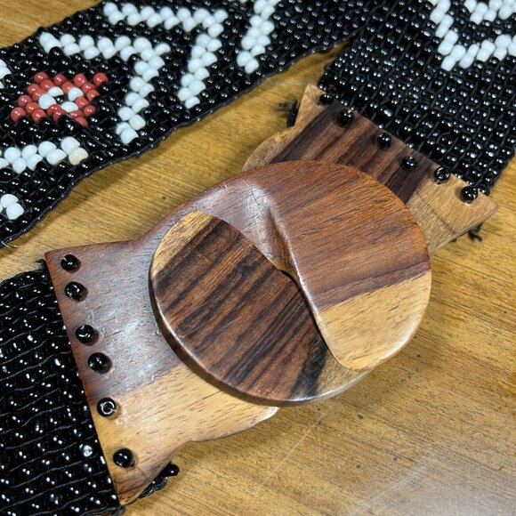 Vintage Hand Beaded Black White Elastic Stretch Belt Wood Detail Boho 31"-33" - Picture 7 of 8